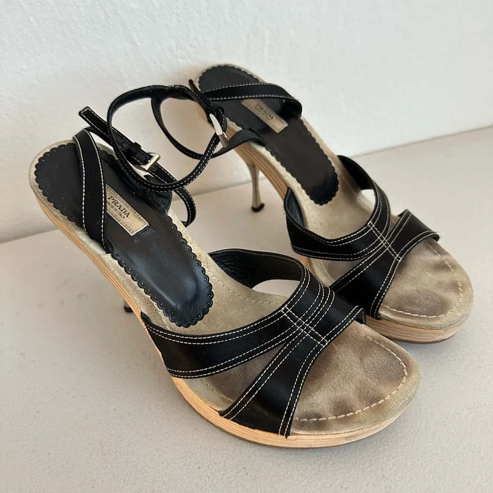 Prada Black Satin Open Toe Ankle Strap Heels - Picture 11 of 14